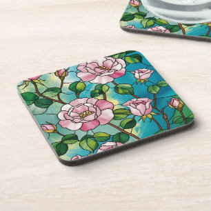 Dessous-de-verre Effet de vitrail floral Fleurs roses Botanique