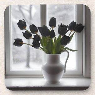 Dessous-de-verre "Elégance dépoli : Tulipes noires dans un vase bla