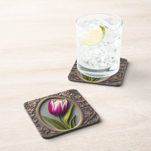 Dessous-de-verre Élégance Fluide : Tulipe Rose dans un Design Art N (Côté Droit)