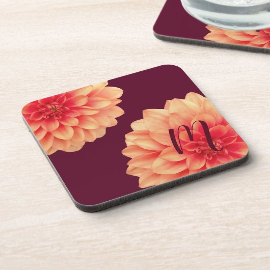Dessous-de-verre Élégant Dahlias Orange Fleurs Bourgogne Monogramme (Côté gauche)