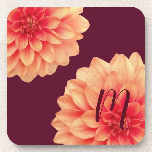 Dessous-de-verre Élégant Dahlias Orange Fleurs Bourgogne Monogramme (Devant)