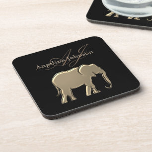 Dessous-de-verre Élégant Éléphant Noir et Or Monogrammé Moderne