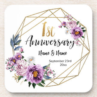 Dessous-de-verre Élégant floral doré 1re année d'anniversaire