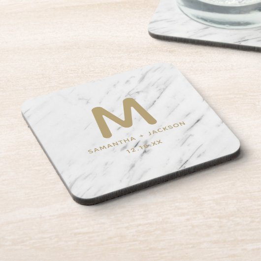 Dessous-de-verre Élégant Marbre blanc et or Mariage à huile Monogra (Côté gauche)