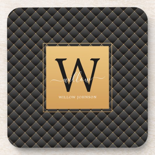 Dessous-de-verre Élégant Monogramme d'or noir Script initial modern (Devant)