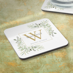 Dessous-de-verre Élégant Monogramme Moderne de Feuillage Doré