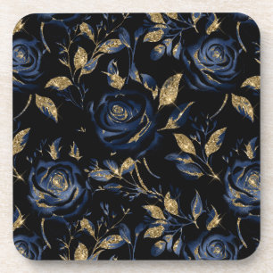 Dessous-de-verre Élégant motif floral rose bleu marine et or