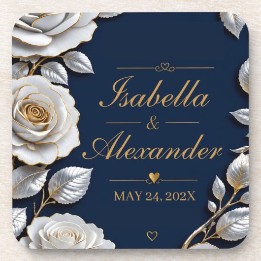 Dessous-de-verre Elegant White and Gold Rose on Navy Blue  (Devant)