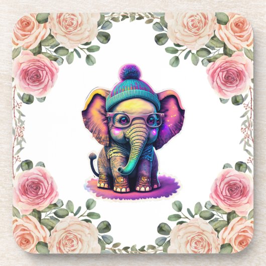 Dessous-de-verre Eléphant bébé mignon avec lunettes et Beanie (Devant)
