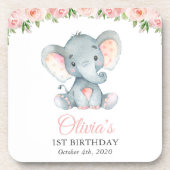 Dessous-de-verre Eléphant, Fleurs Aquarelles Roses, Premier Anniver (Devant)