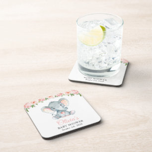 Dessous-de-verre Eléphant, Fleurs d'aquarelle rose, Baby shower