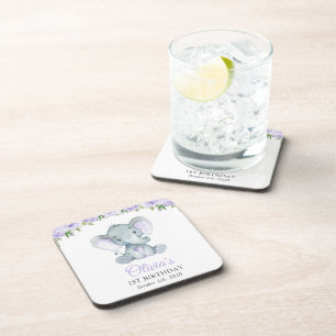 Dessous-de-verre Eléphant mignon, Fleurs pourpres, Premier Annivers