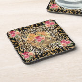 Dessous-de-verre empreinte de léopard avec rose et parties scintill (Côté gauche)