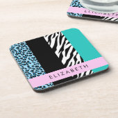Dessous-de-verre Empreinte de léopard, Zebra Print, Bleu, Votre nom (Côté gauche)