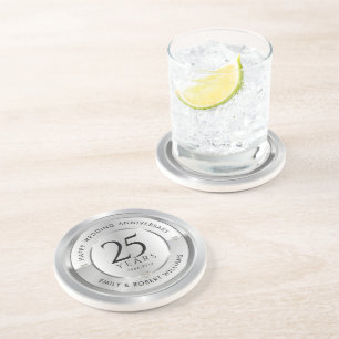 Dessous De Verre En Grès 25e anniversaire du mariage noir et argent