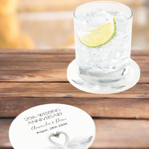 Dessous De Verre En Grès 25e anniversaire mariage d'argent cygnes blancs