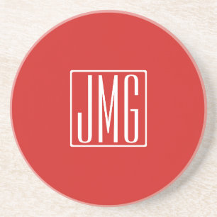 Dessous De Verre En Grès 3 Initiales Monogramme Rouge & Blanc (ou couleur