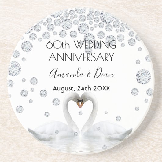 Dessous De Verre En Grès 60e anniversaire du mariage diamant cygnes blancs (Devant)