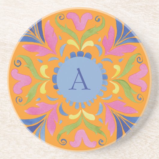 Dessous de verre en grès à monogramme floral mexic (Devant)