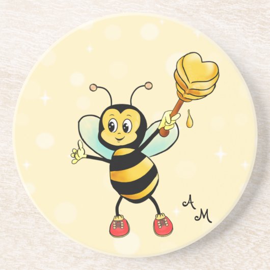 Dessous De Verre En Grès Abeille de miel mignonne et monogramme sur jaune c (Devant)