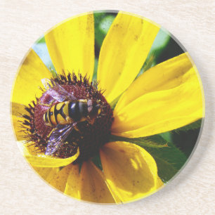 Dessous De Verre En Grès Abeille et Fleur Jaune
