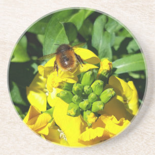 Dessous De Verre En Grès Abeille sur Fleurs Jaunes