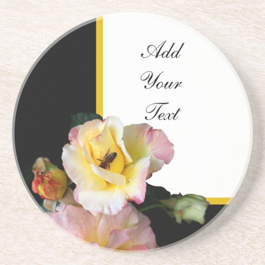 Dessous De Verre En Grès Abeille sur roses rose jaune Fleurs (Devant)