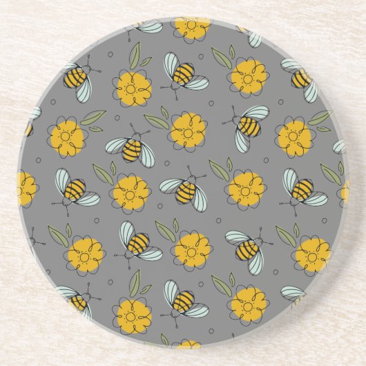 Dessous De Verre En Grès Abeilles & Boutons d'or sur gris (Devant)