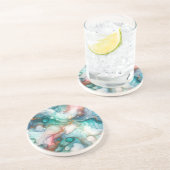 Dessous De Verre En Grès Abstrait en rose, sarcelle, bleu et or (Côté)