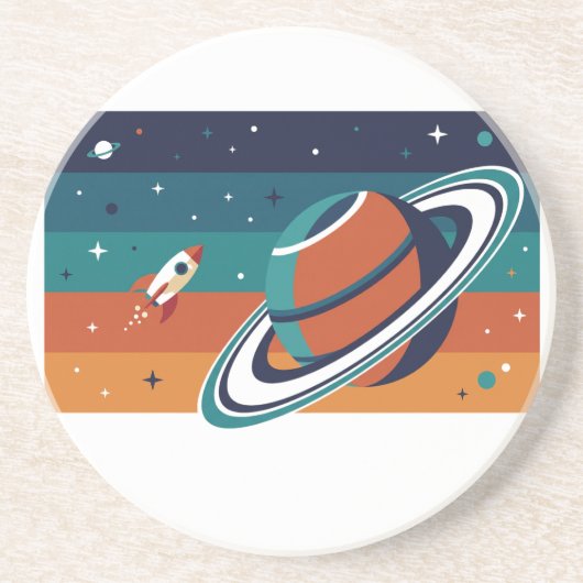 Dessous De Verre En Grès Affiche rétro de voyage spatial Planète annelée (Devant)