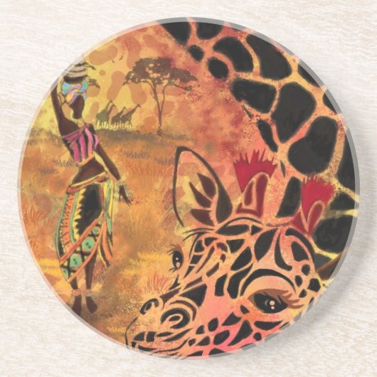 Dessous De Verre En Grès African Girl and Giraffe - Friends - Art Drawing - (Devant)