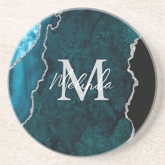 Dessous De Verre En Grès Agate de marbre bleu turquoise et argenté (Devant)