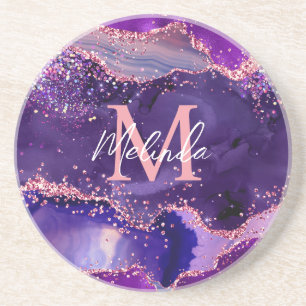 Dessous De Verre En Grès Agate Pailleté Violet Foncé et Rose