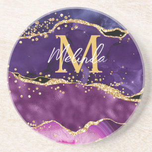 Dessous De Verre En Grès Agate Paillettes Violet Foncé et Or