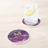 Dessous De Verre En Grès Agate Paillettes Violet Foncé et Or (Côté)