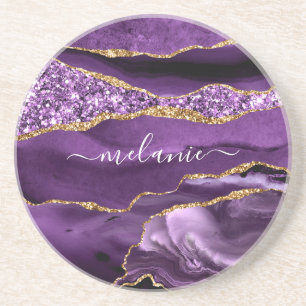 Dessous De Verre En Grès Agate Purple Gold Parties scintillant Nom personna