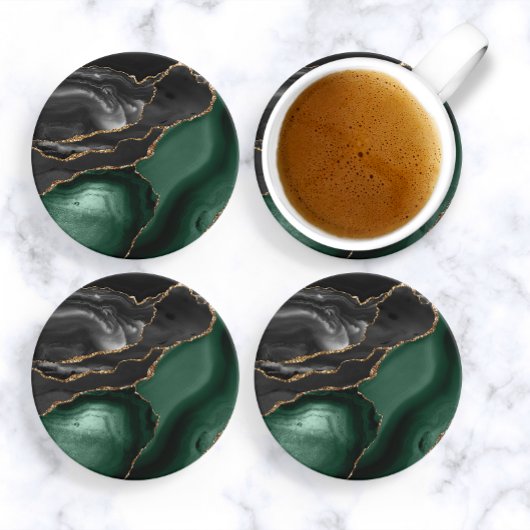 Dessous De Verre En Grès Agate Vert Émeraude Noir Or