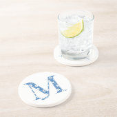 Dessous De Verre En Grès alphabet fleuri M (bleu et points) (Côté)