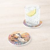 Dessous De Verre En Grès Amoureux de Beagle avec Grès de Prairie de Fleurs (Côté)
