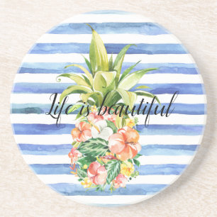 Dessous De Verre En Grès Ananas tropical floral bleu blanc