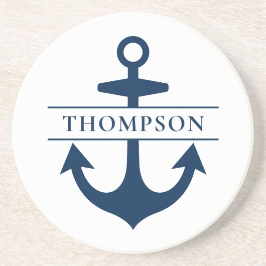 Dessous De Verre En Grès Ancre bleue marine Nom du monogramme personnalisé (Devant)
