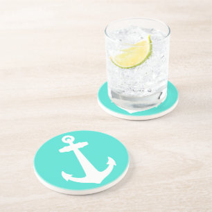 Dessous De Verre En Grès Ancre Décor Côtier Turquoise Et Blanc