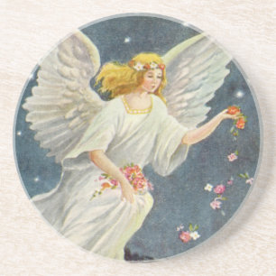 Dessous De Verre En Grès Ange victorien de Noël Vintage avec étoiles Rose