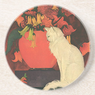 Dessous De Verre En Grès Animaux Vintage, Élégant Chat Blanc, Fleurs d'Auto