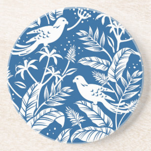 Dessous De Verre En Grès Antique Chinoiserie Oiseau Floral Bleu & Blanc