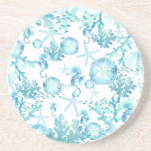 Dessous De Verre En Grès Aqua Bleu Coques de mer Sanddollars Starfish