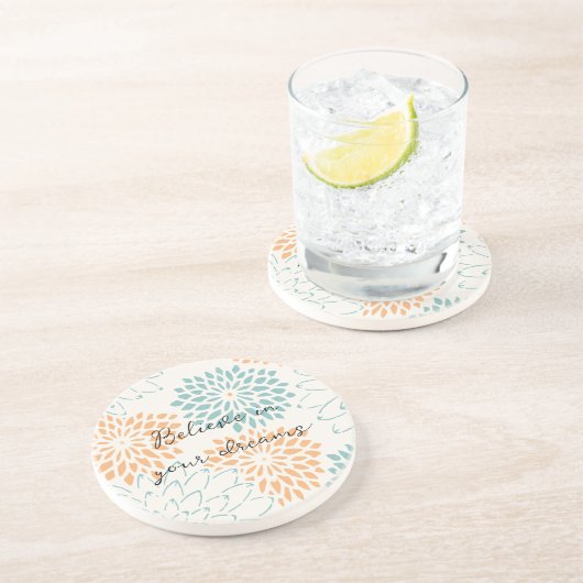 Dessous De Verre En Grès Aqua Blue Peach White Floral (Côté)