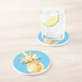 Dessous De Verre En Grès Aqua Blue Yellow Gold Ananas (Côté)