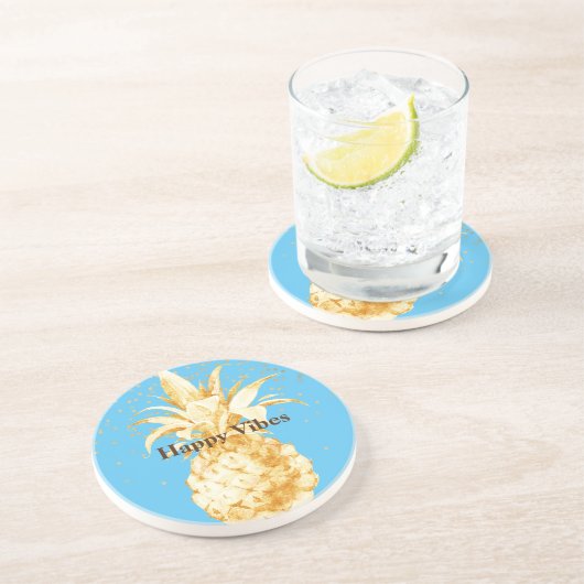Dessous De Verre En Grès Aqua Blue Yellow Gold Ananas (Côté)