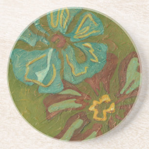 Dessous De Verre En Grès Aqua et fleurs oranges brûlées sur l'arrière -